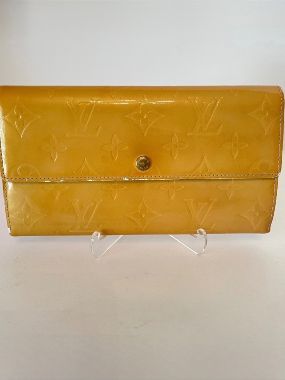 LOUIS VUITTON Mango/Dark Yellow Vernis Sarah Long Wallet Monogram Leather